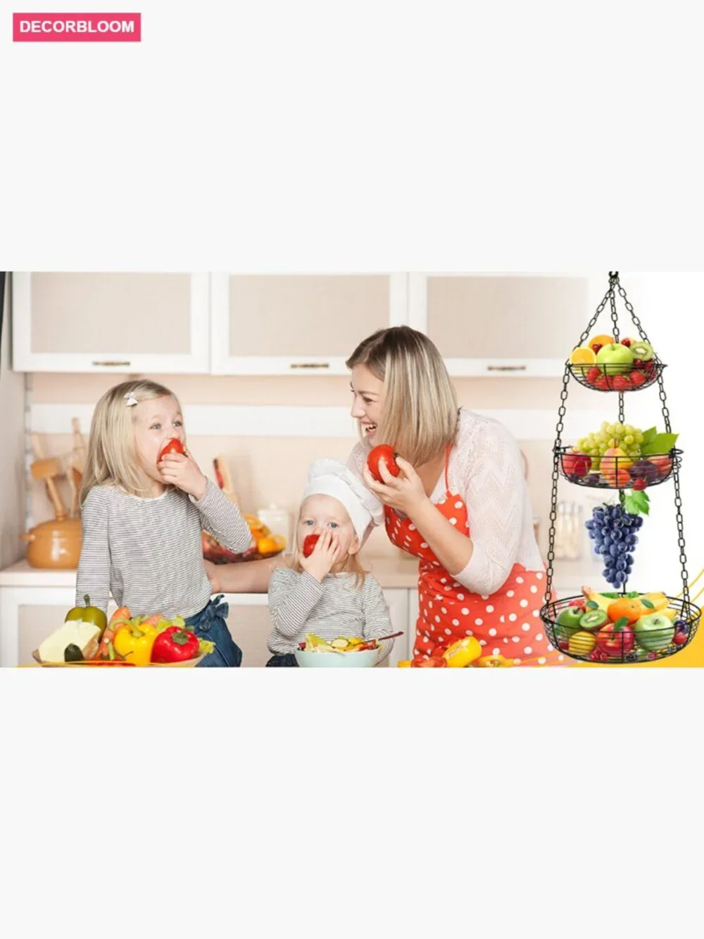 3 Tier Hanging Fruit Basket with Banana Hook, Heavy Duty Wire Kitchen Storage